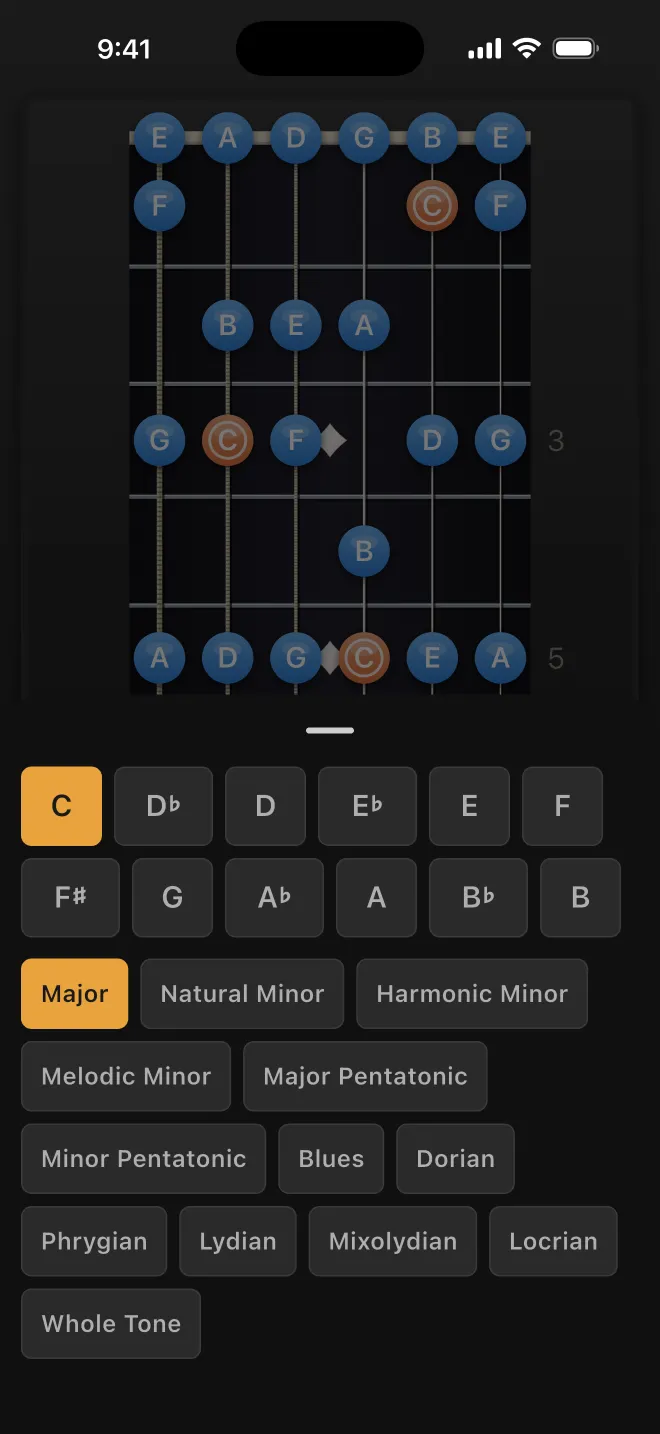 The scale picker, listing scale families and positions.