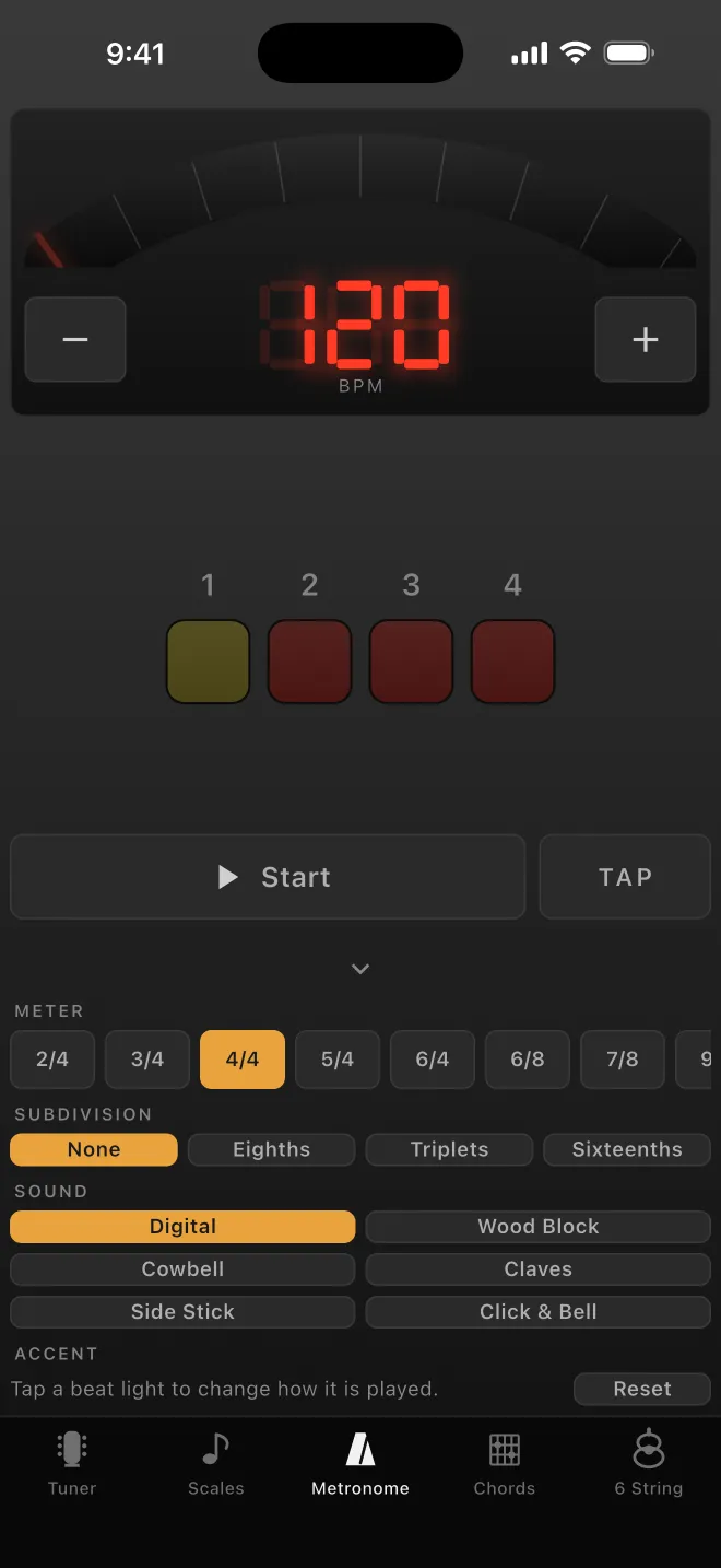 The metronome: a red seven-segment tempo readout, beat lamps and transport controls.