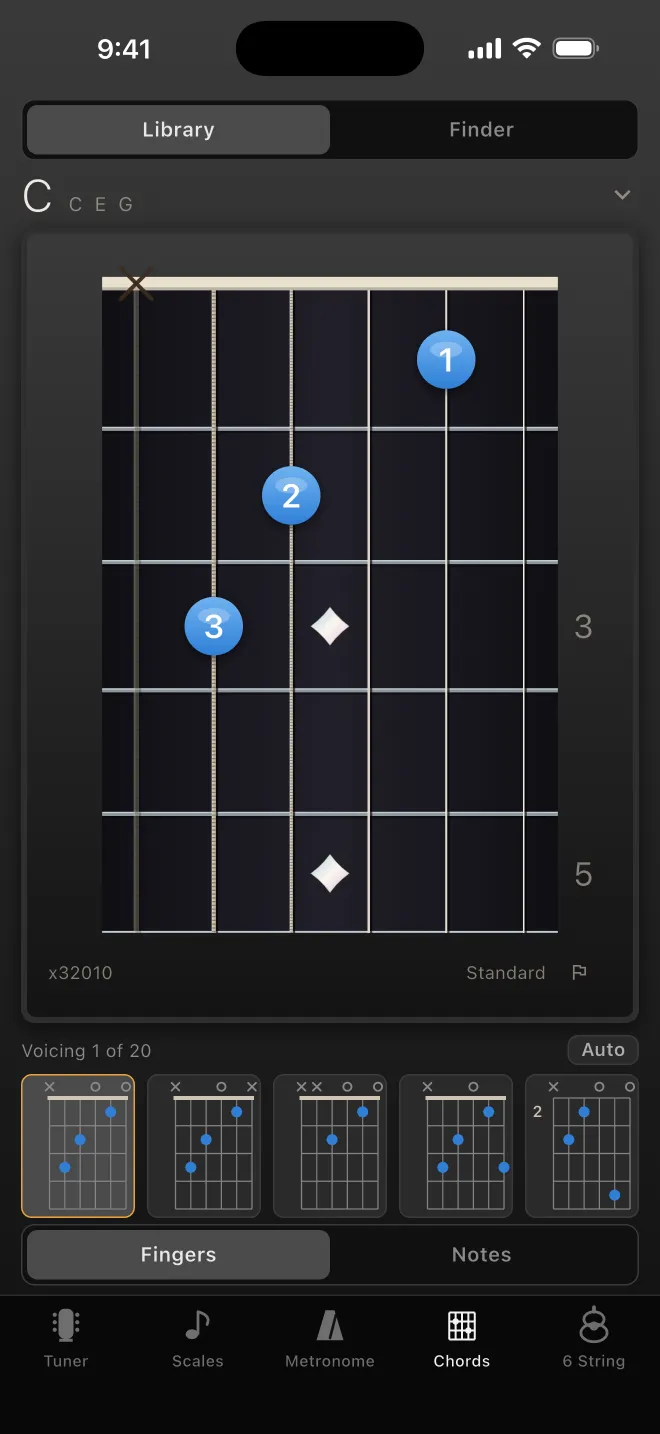 A C major chord diagram on the neck with numbered finger positions.