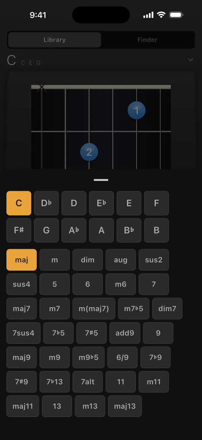 The chord picker, choosing a root and a quality.