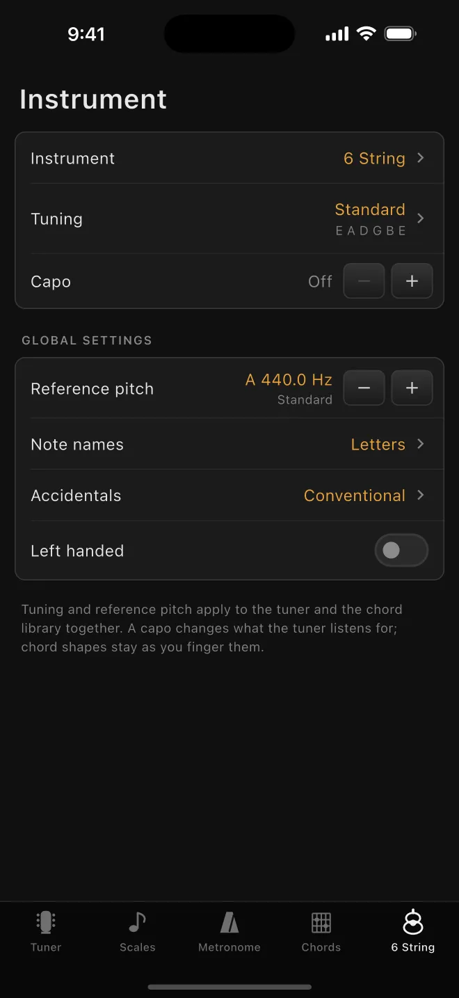 The instrument settings screen: instrument, tuning, capo, reference pitch and handedness.