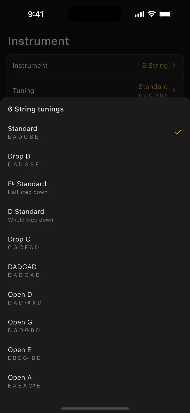 The tuning picker showing Standard, Drop D, DADGAD and others with their open strings.