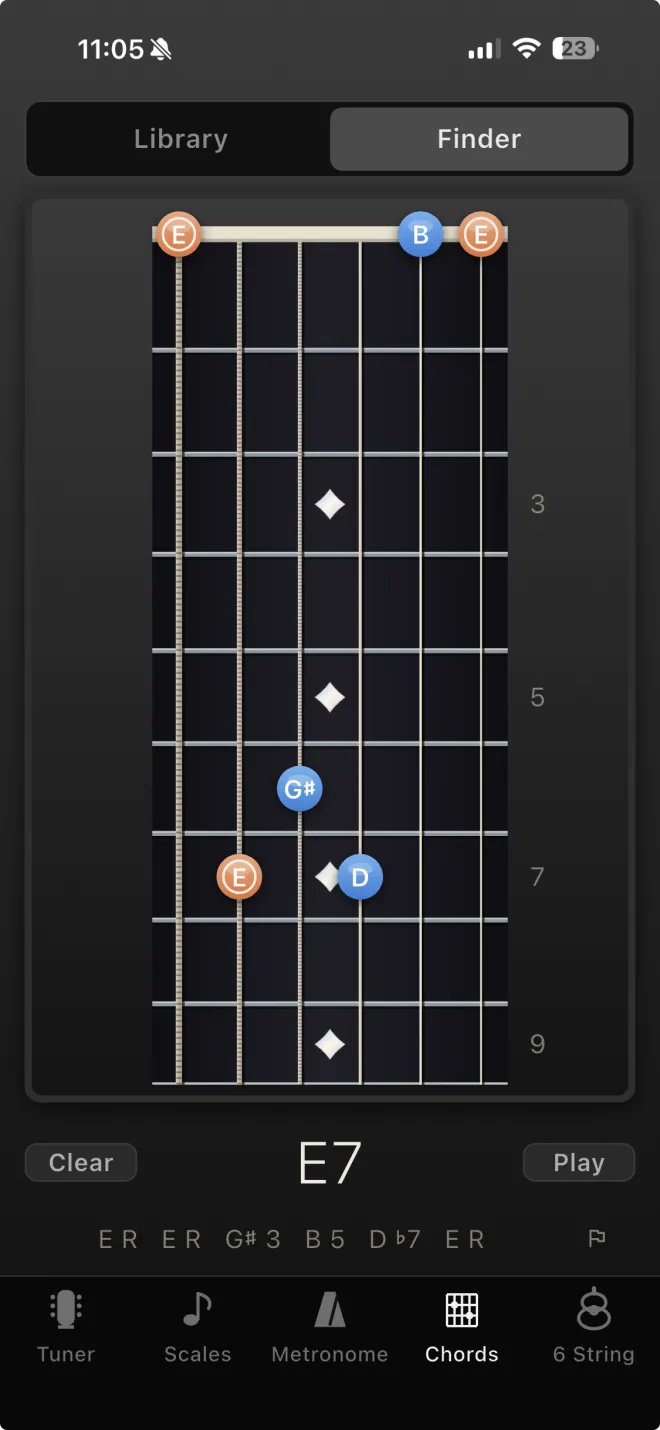 The Chord Finder: notes tapped onto the neck are identified as E7, with each note labelled by its role — root, third, fifth and flat seventh.